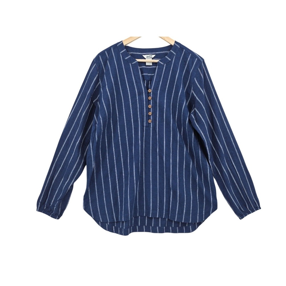 Duluth Trading Company Womens L Blue Stripe Hemp Cotton Artisan Hemp Blouse